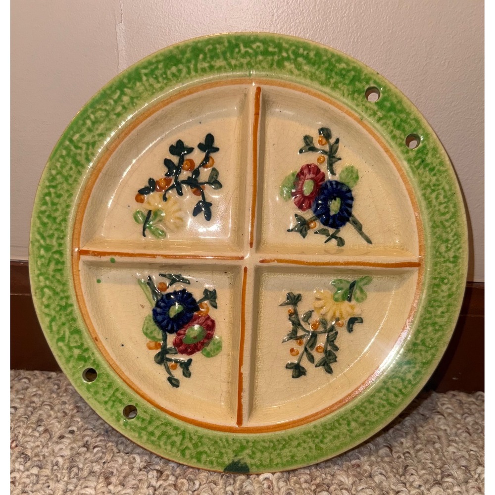 Vintage Made in Japan Hand Painted Floral Divided Ceramic Plate 9.25 Inch Green